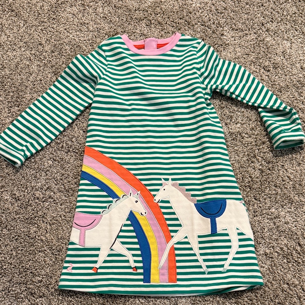 Joules Green & White Striped Girls Dress with unicorn and Rainbow size 6 year